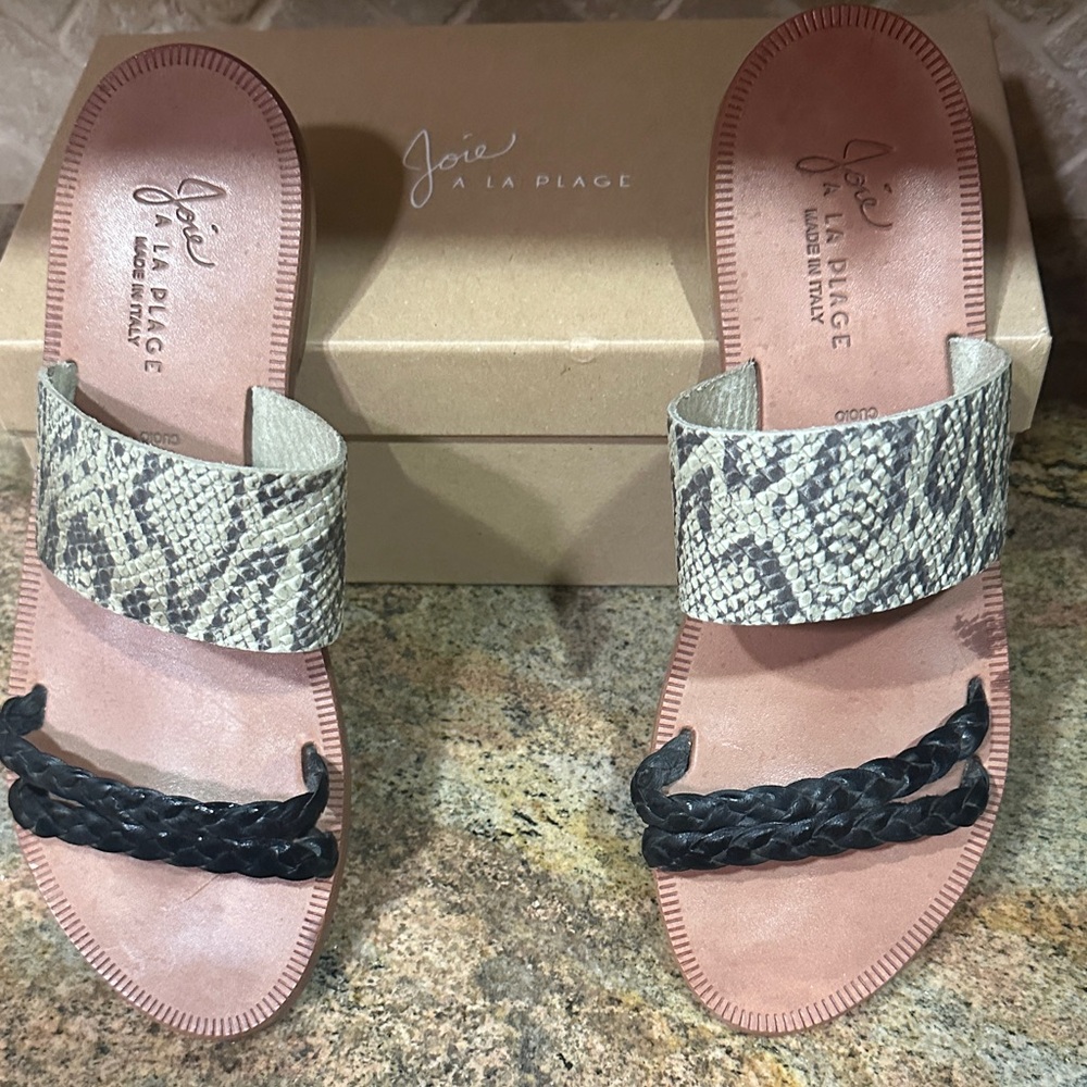 Joie Snake Print and Black Braided Sandals
